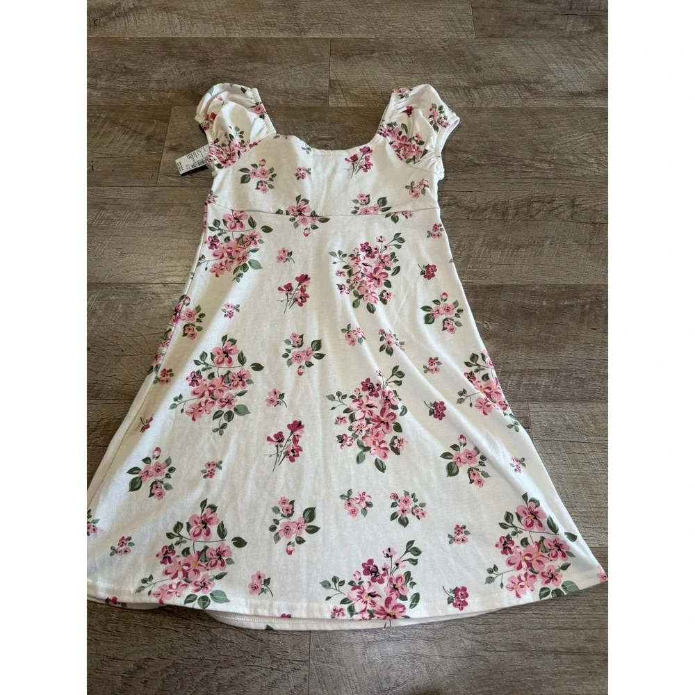 The Children's Place Girl's Floral Dress Pink White Puff Sleeve Size L 10-12 NEW
